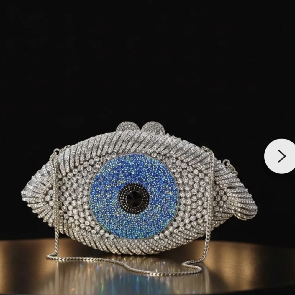 NEW Luxury Evil Eye Crystal Evening Clutch Bag Sparkling Rhinestone Hollow Metal - Picture 2 of 16